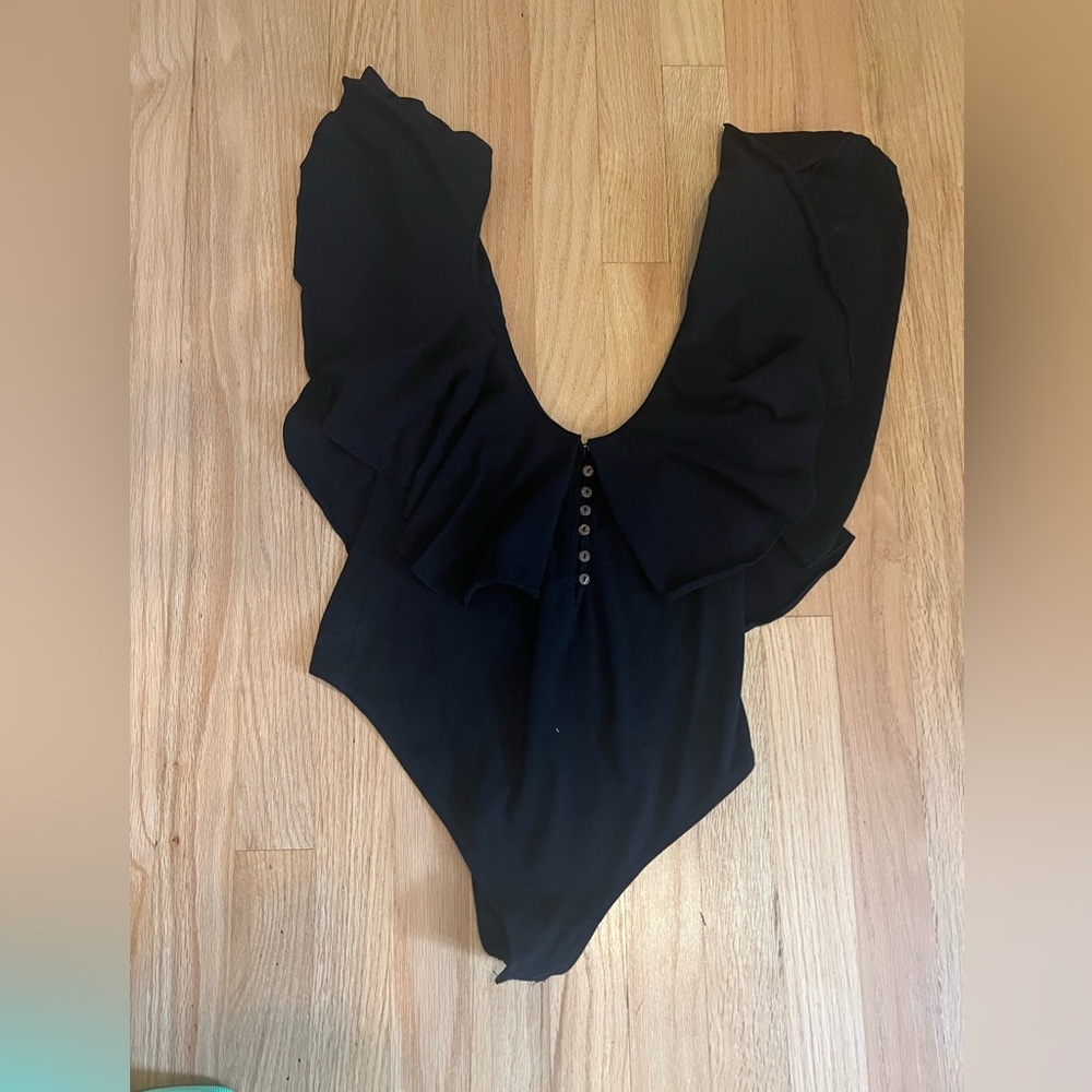 Free People Black Bodysuit with Ruffle Detail